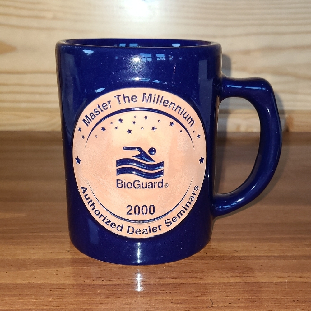 Frankoma Pottery USA Blue Coffee Mug Bioguard Swimming Pool Dealer Conf 2000 Ltd